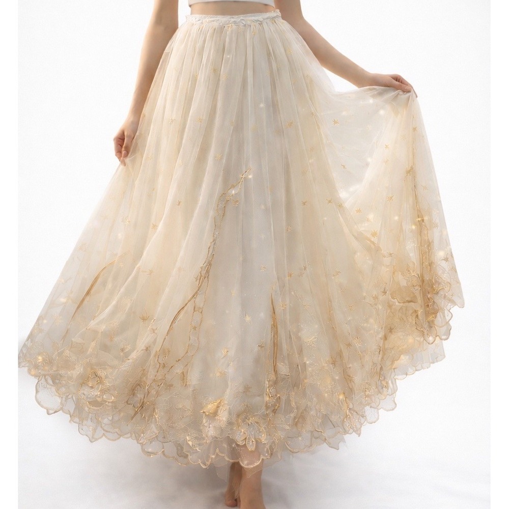Whimsical Fairycore Ethereal Tulle Maxi Skirt XS Cream Gold Embroidered Bridal